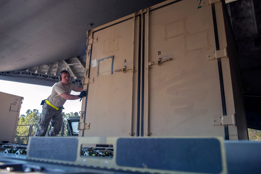 Staff Sgt. Brennon Scott, 23d Logistics Readiness Squadron air terminal operations supervisor, loads cargo in support of the 347th Rescue Group during an exercise, Nov. 1, 2016, at Moody Air Force Base, Ga. The 347th Operations Support Squadron, 38th , 41st and 71st Rescue Squadrons are participating in a rapid rescue capability exercise to Tyndall AFB, Fla.