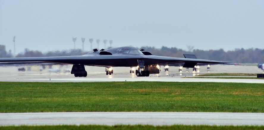 A U.S. Air Force B-2 Spirit assigned to Air Force Global Strike Command (AFGSC) prepares to take off from the runway at Whiteman Air Force Base, Mo., Oct 30, 2016, during exercise Global Thunder 17. AFGSC supports U.S. Strategic Command's (USSTRATCOM) global strike and nuclear deterrence missions by providing strategic assets, including bombers like the B-52 and B-2, to ensure a safe, secure, effective and ready deterrent force. Global Thunder is an annual training event that assesses command and control functionality in all USSTRATCOM mission areas and affords component commands a venue to evaluate their joint operational readiness.(U.S. Air Force photo by Senior Airman Jovan Banks)