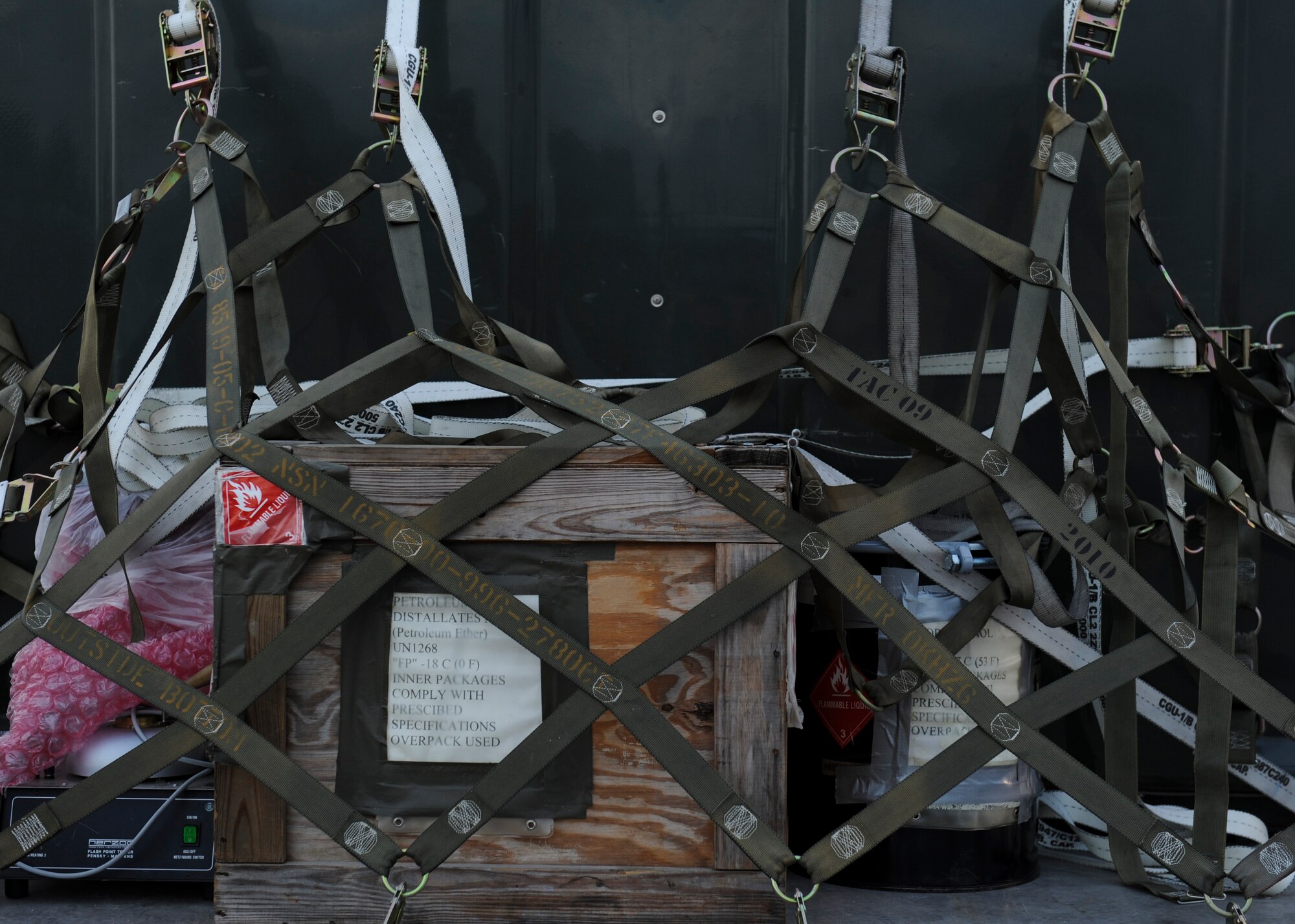 A cargo pallet waits to be transferred by a load team during Exercise Global Thunder 17 (GT17)  at Whiteman Air Force Base, Mo., Oct. 25, 2016. The 509th Logistics Readiness Squadron is responsible for ensuring personnel and equipment are mission ready. Exercises like GT17 involve extensive planning and coordination to provide unique training opportunities for assigned units and forces. (U.S. Air Force Senior Airman Danielle Quilla)