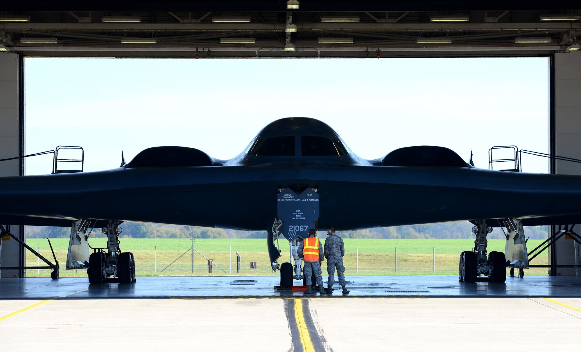 U.S. Air Force crew chiefs, assigned to the 509th Aircraft Maintenance Squadron, talk with pilots during pre-flight operations at Global Thunder 17, Whiteman Air Force Base, Mo., Oct. 27, 2016. Exercise Global Thunder is U.S. Strategic Command’s annual field training and battle staff exercise to train Department of Defense forces and assess joint operational readiness. GT17 will provide training opportunities to and exercise scenarios for all USSTRATCOM mission areas, with a specific focus on nuclear readiness.
(U.S. Air Force photo by Tech. Sgt. Andy Kin)
