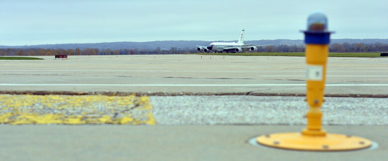 An Offutt-based RC-135 V/W Rivet Joint aircraft accelerates toward take-off during Global Thunder 17, U.S. Strategic Command’s annual command post and field training exercise, Oct. 30, 2016, at Offutt Air Force Base, Neb. The exercise provided training opportunities for USSTRATCOM-tasked components, task forces, units and command posts to deter and, if necessary, defeat a military attack against the United States and to employ forces as directed by the President. (U.S. Air Force Photo by Drew Nystrom)