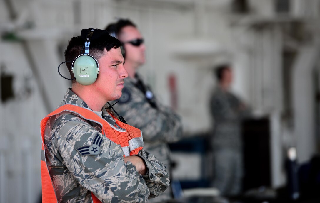 U.S. Air Force Senior Airman Matt Yarborough a crew chief assigned to the 509th Aircraft Maintenance Squadron, stands at the edge of the dock during a B-2 Spirit aircraft pre-flight checks during Global Thunder 17, at Whiteman Air Force Base, Mo., Oct. 27, 2016. Exercise Global Thunder is U.S. Strategic Command’s annual field training and battle staff exercise to train Department of Defense forces and assess joint operational readiness. GT17 will provide training opportunities to and exercise scenarios for all USSTRATCOM mission areas, with a specific focus on nuclear readiness.
(U.S. Air Force photo by Tech. Sgt. Andy Kin)
