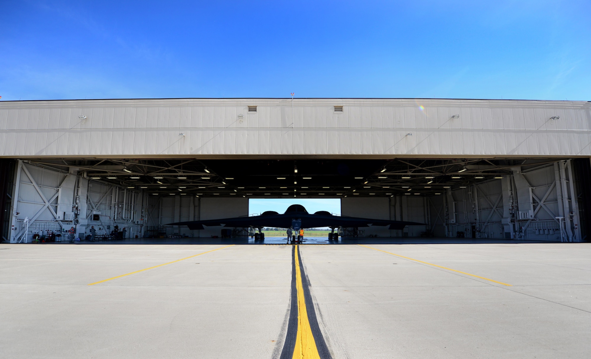 U.S. Air Force B-2 Spirit aircraft assigned to the 509th Bomb Wing, sits in the docks while crew is performing pre-flight checks during Global Thunder 17, at Whiteman Air Force Base, Mo., Oct. 27, 2016. Exercise Global Thunder is an annual command and control and field training exercise designed to train Department of Defense forces and assess joint operational readiness across all of USSTRATCOM’s mission areas, with a specific focus on nuclear readiness. The exercise provides training opportunities for USSTRATCOM components, task forces, units and command posts to deter and, if necessary, defeat a military attack against the United States and to employ forces as directed by the President.
(U.S. Air Force photo by Tech. Sgt. Andy Kin)
