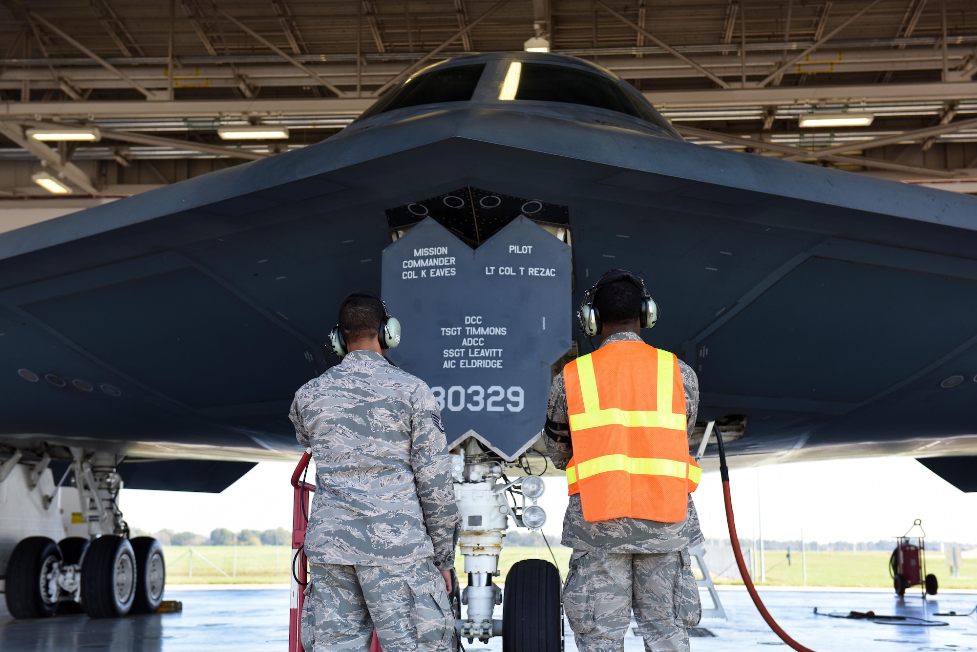 Crew chiefs from the 509th Aircraft Maintenance Squadron prepare a B-2 Spirit for takeoff during Exercise Global Thunder 17 at Whiteman Air Force Base, Mo., Oct. 27, 2016. GT17 is a training opportunity to exercise all U.S. Strategic Command mission areas and create the conditions for strategic deterrence against a variety of threats. (U.S. Air Force photo by Senior Airman Joel Pfiester)
