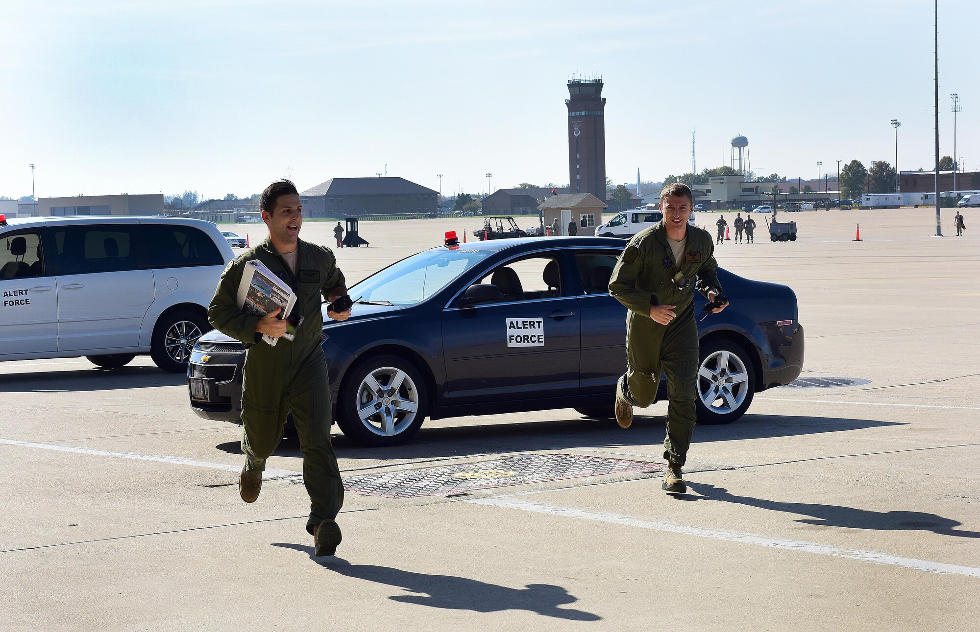 U.S. Air Force B-2 Spirit pilots assigned to the 509th Bomb Wing respond to their aircraft during Exercise Global Thunder 17 at Whiteman Air Force Base, Mo., Oct. 27, 2016. The generation exercise helped Whiteman pilots hone their quick response reaction to alert calls. 