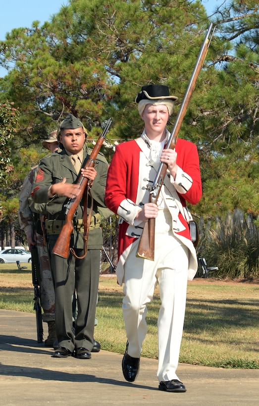 Cpl. Chadd Arnold, administrative clerk, Military Personnel Branch, Marine Corps Logistics Base Albany, wears a replica uniform worn by Marines in 1775, during a birthday pageant at Covella Pond aboard Marine Corps Logistics Base Albany, Nov. 1.