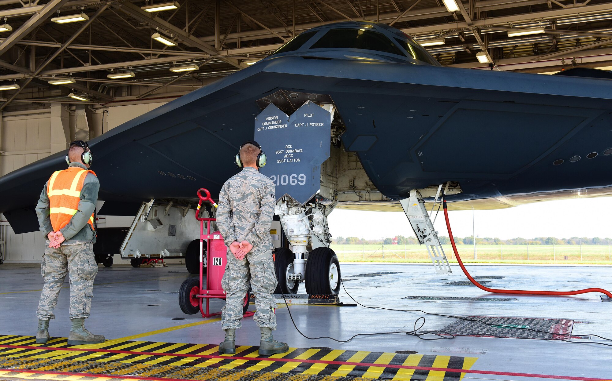 U.S. Air Force crew chiefs assigned to the 509th Aircraft Maintenance Squadron communicate with pilots during Exercise Global Thunder 17 at Whiteman Air Force Base, Mo., Oct. 27, 2016. Global Thunder is an annual command and control exercise designed to train U.S. Strategic Command forces and assess joint operational readiness. 