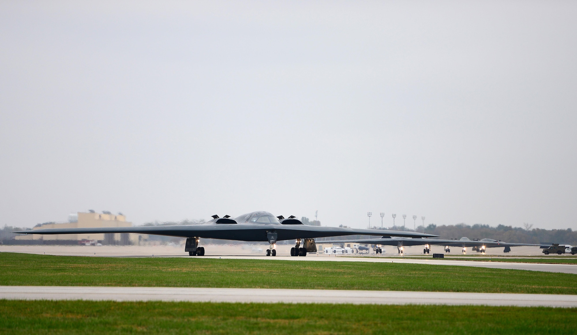 U.S. Air Force B-2 Spirit's assigned to Air Force Global Strike Command (AFGSC) prepare to take off from the runway at Whiteman Air Force Base, Mo., Oct 30, 2016, during exercise Global Thunder 17. AFGSC supports U.S. Strategic Command's (USSTRATCOM) global strike and nuclear deterrence missions by providing strategic assets, including bombers like the B-52 and B-2, to ensure a safe, secure, effective and ready deterrent force. Global Thunder is an annual training event that assesses command and control functionality in all USSTRATCOM mission areas and affords component commands a venue to evaluate their joint operational readiness.