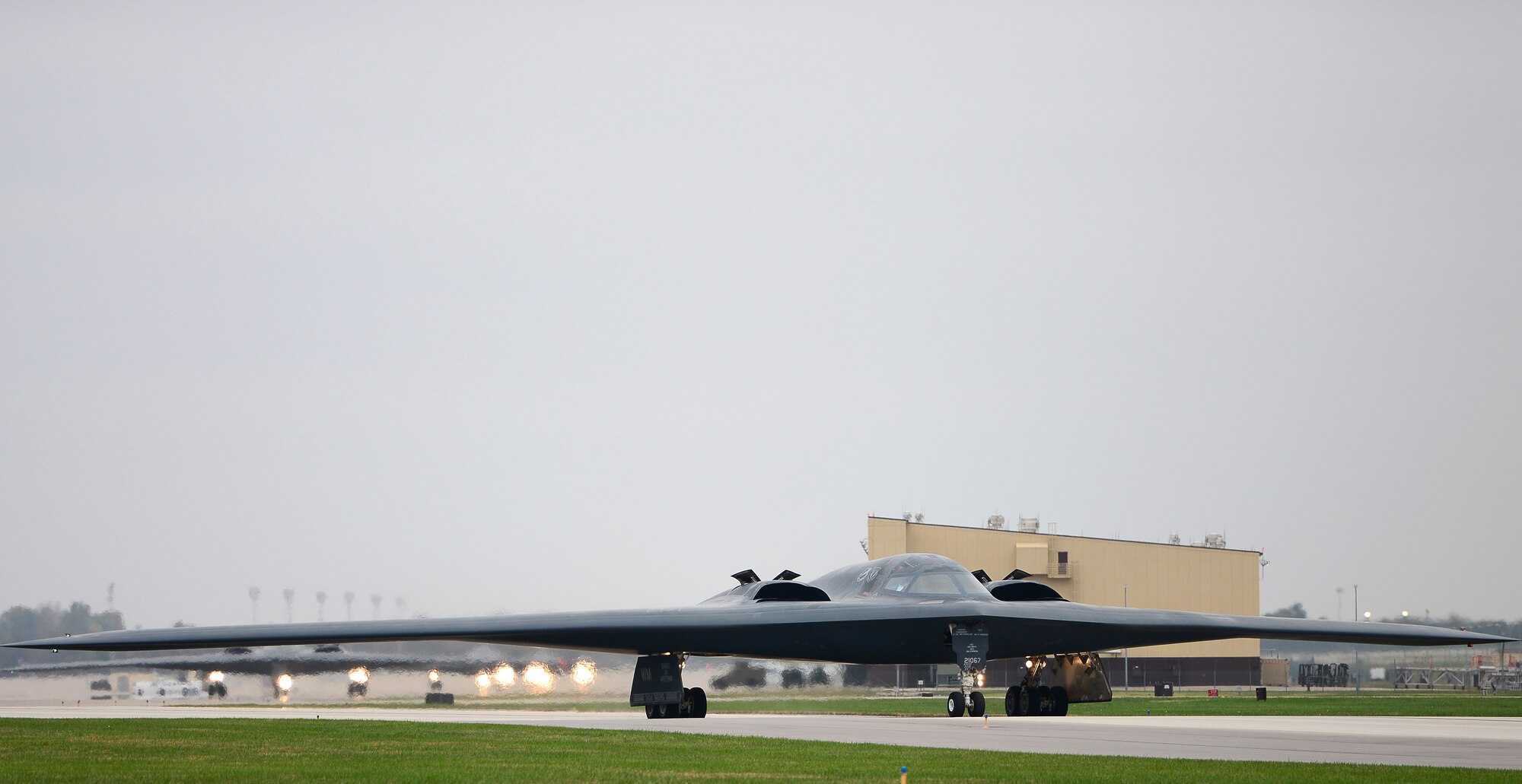 A U.S. Air Force B-2 Spirit assigned to Air Force Global Strike Command (AFGSC) prepare to take off from the runway at Whiteman Air Force Base, Mo., Oct 30, 2016, during exercise Global Thunder 17. AFGSC supports U.S. Strategic Command's (USSTRATCOM) global strike and nuclear deterrence missions by providing strategic assets, including bombers like the B-52 and B-2, to ensure a safe, secure, effective and ready deterrent force. Global Thunder is an annual training event that assesses command and control functionality in all USSTRATCOM mission areas and affords component commands a venue to evaluate their joint operational readiness.(U.S. Air Force photo by Tech. Sgt. Andy Kin)