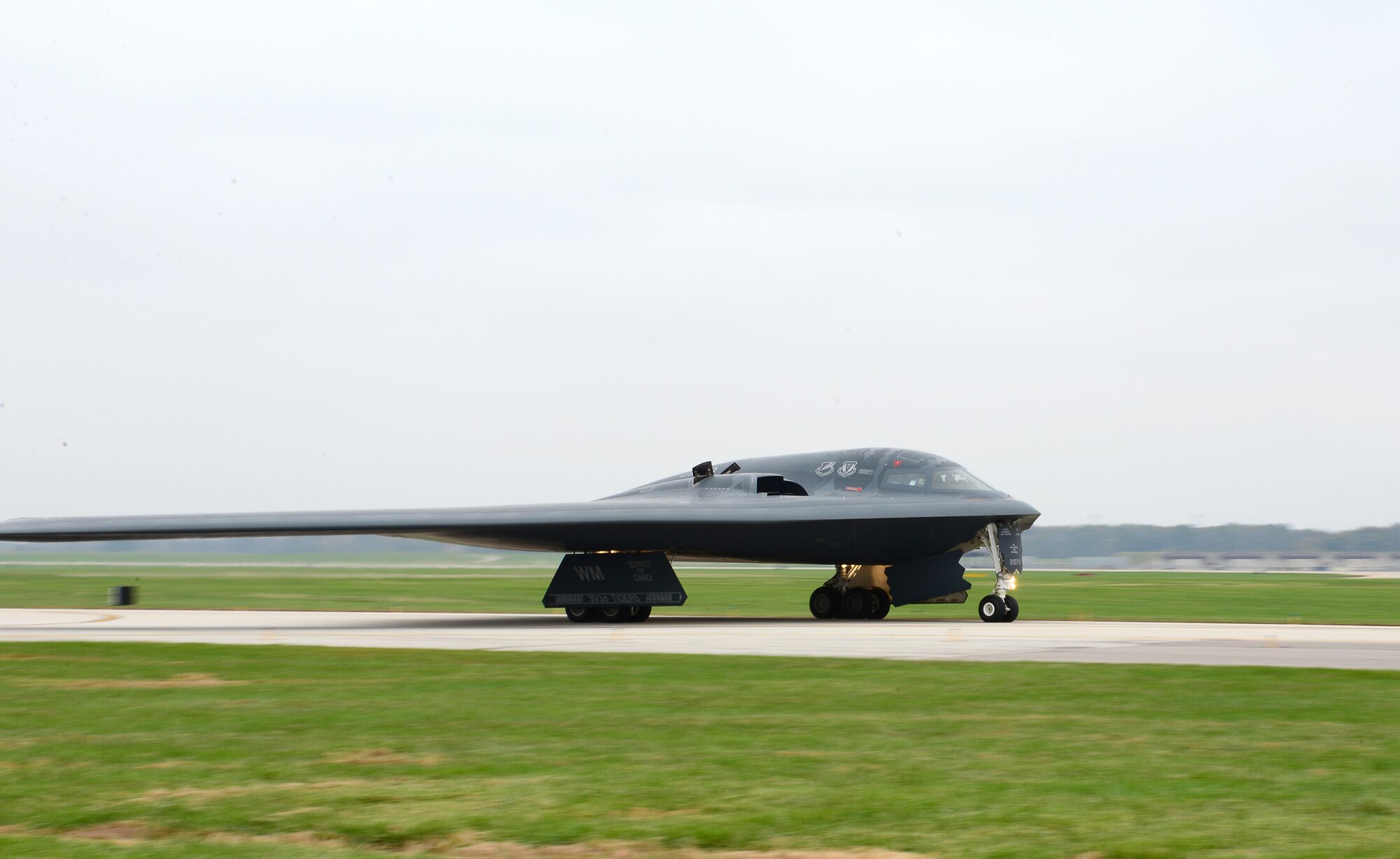 A U.S. Air Force B-2 Spirit assigned to Air Force Global Strike Command (AFGSC) prepare to take off from the runway at Whiteman Air Force Base, Mo., Oct 30, 2016, during exercise Global Thunder 17. AFGSC supports U.S. Strategic Command's (USSTRATCOM) global strike and nuclear deterrence missions by providing strategic assets, including bombers like the B-52 and B-2, to ensure a safe, secure, effective and ready deterrent force. Global Thunder is an annual training event that assesses command and control functionality in all USSTRATCOM mission areas and affords component commands a venue to evaluate their joint operational readiness.(U.S. Air Force photo by Tech. Sgt. Andy Kin)
