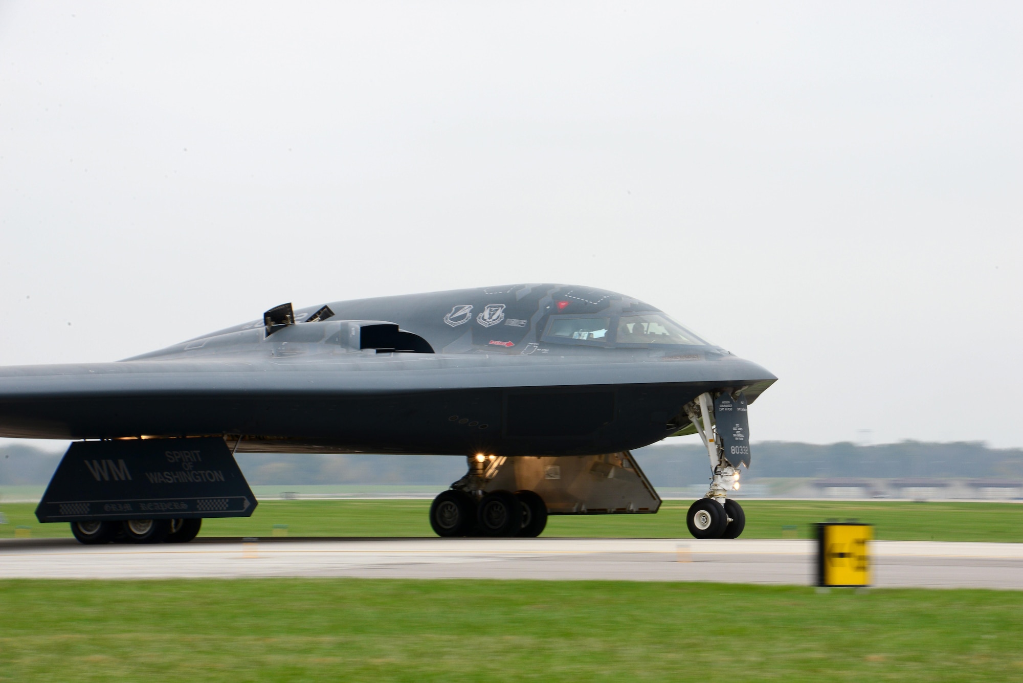 A U.S. Air Force B-2 Spirit assigned to Air Force Global Strike Command (AFGSC) prepare to take off from the runway at Whiteman Air Force Base, Mo., Oct 30, 2016, during exercise Global Thunder 17. AFGSC supports U.S. Strategic Command's (USSTRATCOM) global strike and nuclear deterrence missions by providing strategic assets, including bombers like the B-52 and B-2, to ensure a safe, secure, effective and ready deterrent force. Global Thunder is an annual training event that assesses command and control functionality in all USSTRATCOM mission areas and affords component commands a venue to evaluate their joint operational readiness.(U.S. Air Force photo by Tech. Sgt. Andy Kin)