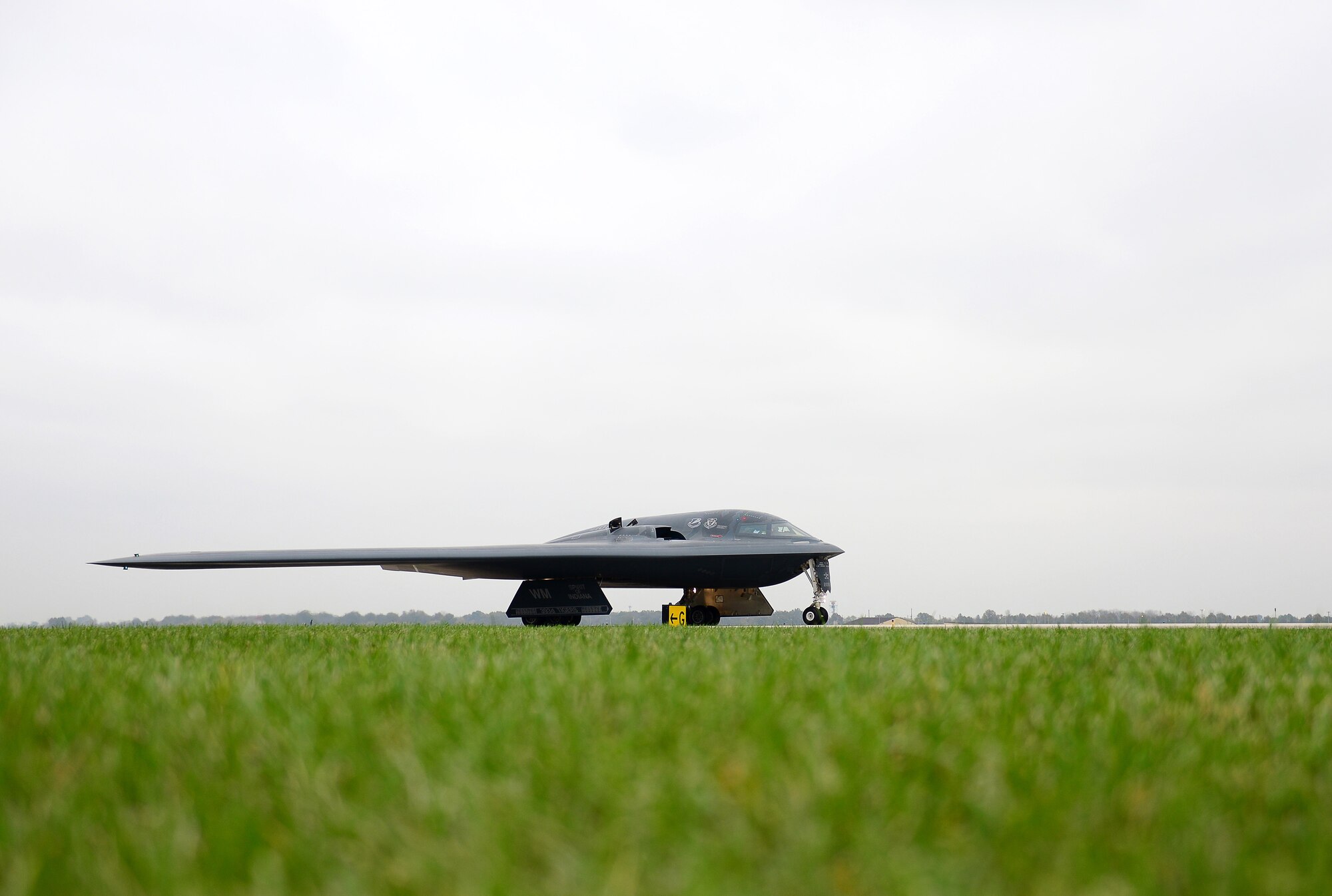 A U.S. Air Force B-2 Spirit assigned to Air Force Global Strike Command (AFGSC) prepare to take off from the runway at Whiteman Air Force Base, Mo., Oct 30, 2016, during exercise Global Thunder 17. AFGSC supports U.S. Strategic Command's (USSTRATCOM) global strike and nuclear deterrence missions by providing strategic assets, including bombers like the B-52 and B-2, to ensure a safe, secure, effective and ready deterrent force. Global Thunder is an annual training event that assesses command and control functionality in all USSTRATCOM mission areas and affords component commands a venue to evaluate their joint operational readiness.(U.S. Air Force photo by Tech. Sgt. Andy Kin)