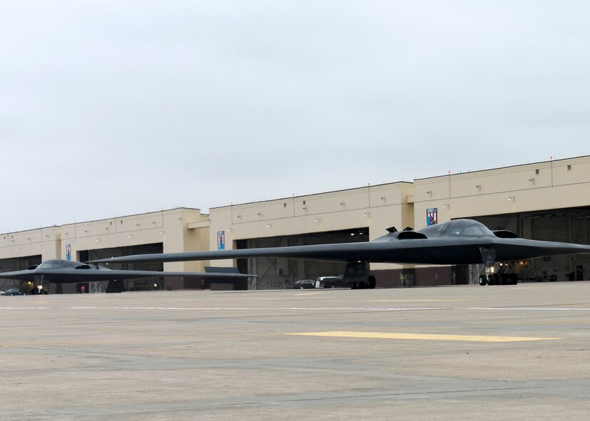 U.S. Air Force B-2 Spirits assigned to Air Force Global Strike Command (AFGSC) prepare to take off from the runway at Whiteman Air Force Base, Mo., Oct 30, 2016, during exercise Global Thunder 17. AFGSC supports U.S. Strategic Command's (USSTRATCOM) global strike and nuclear deterrence missions by providing strategic assets, including bombers like the B-52 and B-2, to ensure a safe, secure, effective and ready deterrent force. Global Thunder is an annual training event that assesses command and control functionality in all USSTRATCOM mission areas and affords component commands a venue to evaluate their joint operational readiness.(U.S. Air Force photo by Senior Airman Danielle Quilla)