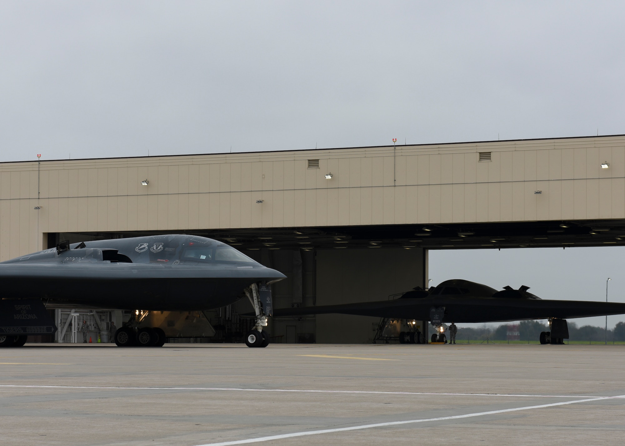 U.S. Air Force B-2 Spirits assigned to Air Force Global Strike Command (AFGSC) prepare to take off from the runway at Whiteman Air Force Base, Mo., Oct 30, 2016, during exercise Global Thunder 17. AFGSC supports U.S. Strategic Command's (USSTRATCOM) global strike and nuclear deterrence missions by providing strategic assets, including bombers like the B-52 and B-2, to ensure a safe, secure, effective and ready deterrent force. Global Thunder is an annual training event that assesses command and control functionality in all USSTRATCOM mission areas and affords component commands a venue to evaluate their joint operational readiness.(U.S. Air Force photo by Senior Airman Danielle Quilla)