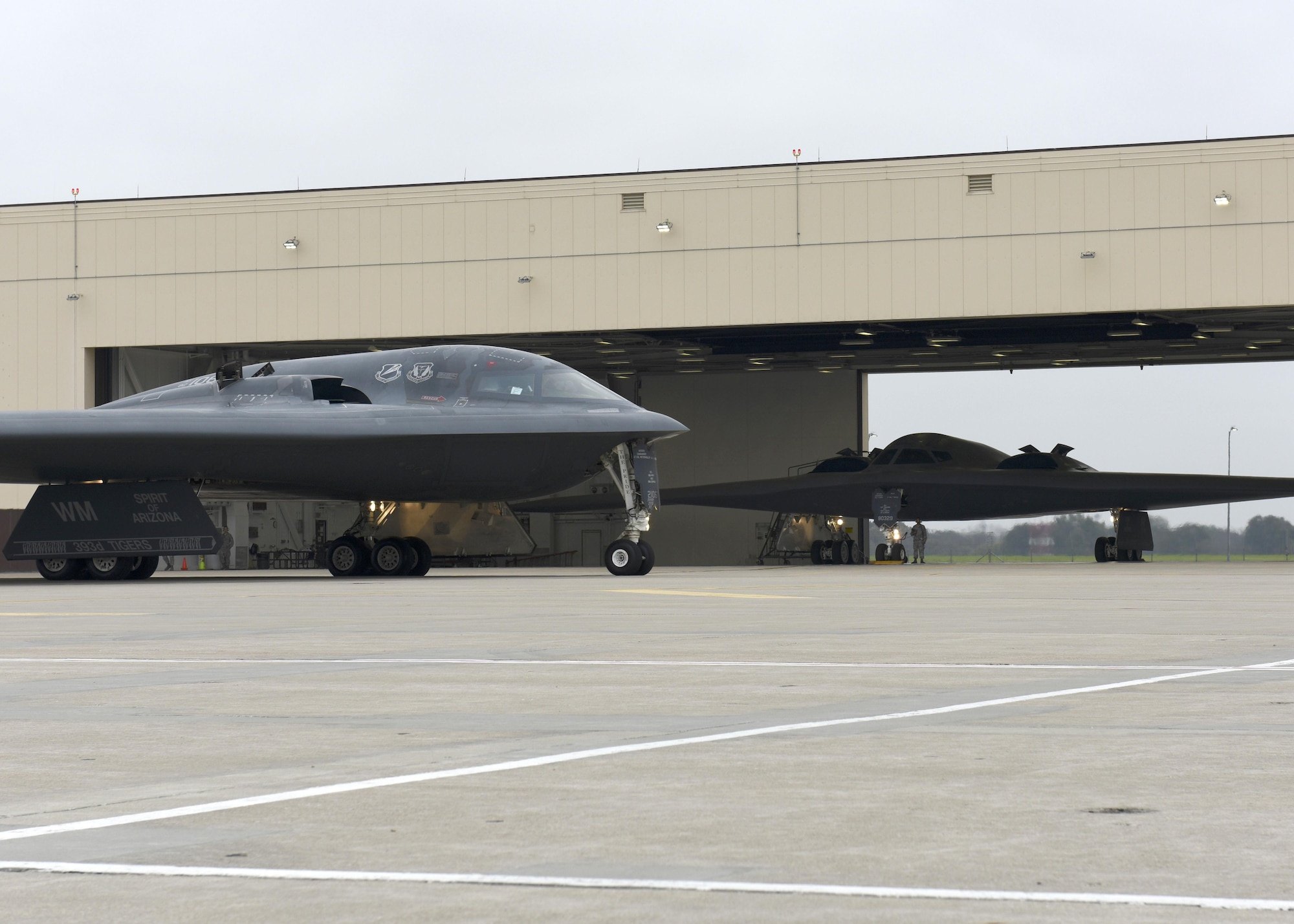 U.S. Air Force B-2 Spirits assigned to Air Force Global Strike Command (AFGSC) prepare to take off from the runway at Whiteman Air Force Base, Mo., Oct 30, 2016, during exercise Global Thunder 17. AFGSC supports U.S. Strategic Command's (USSTRATCOM) global strike and nuclear deterrence missions by providing strategic assets, including bombers like the B-52 and B-2, to ensure a safe, secure, effective and ready deterrent force. Global Thunder is an annual training event that assesses command and control functionality in all USSTRATCOM mission areas and affords component commands a venue to evaluate their joint operational readiness.(U.S. Air Force photo by Senior Airman Danielle Quilla)