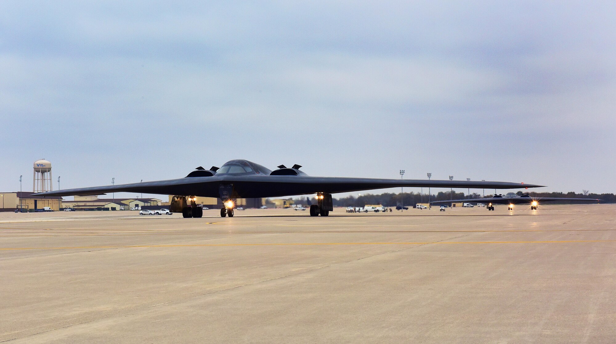 U.S. Air Force B-2 Spirits assigned to Air Force Global Strike Command (AFGSC) prepare to take off from the runway at Whiteman Air Force Base, Mo., Oct 30, 2016, during exercise Global Thunder 17. AFGSC supports U.S. Strategic Command's (USSTRATCOM) global strike and nuclear deterrence missions by providing strategic assets, including bombers like the B-52 and B-2, to ensure a safe, secure, effective and ready deterrent force. Global Thunder is an annual training event that assesses command and control functionality in all USSTRATCOM mission areas and affords component commands a venue to evaluate their joint operational readiness.(U.S. Air Force photo by Airman Michaela Slanchik)