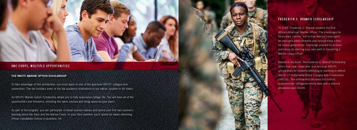 The Naval Reserve Officers Training Corps Marine scholarship is one of many options to becoming a Marine officer. This scholarship pays the full cost of tuition to any university with the NROTC program, books, additional fees and a monthly stipend. For more information regarding the scholarship or need assistance to apply, contact a local Marine recruiter. (Graphic Illustration courtesy of J. Walter Thompson) 