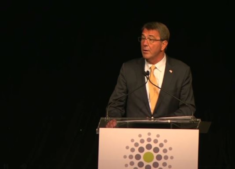 Defense Secretary Ash Carter speaks at the charity fundraiser gala “Stand Up For Heroes” in New York City, Nov. 1, 2016. The event raised money for injured service members and their families. DoD video still