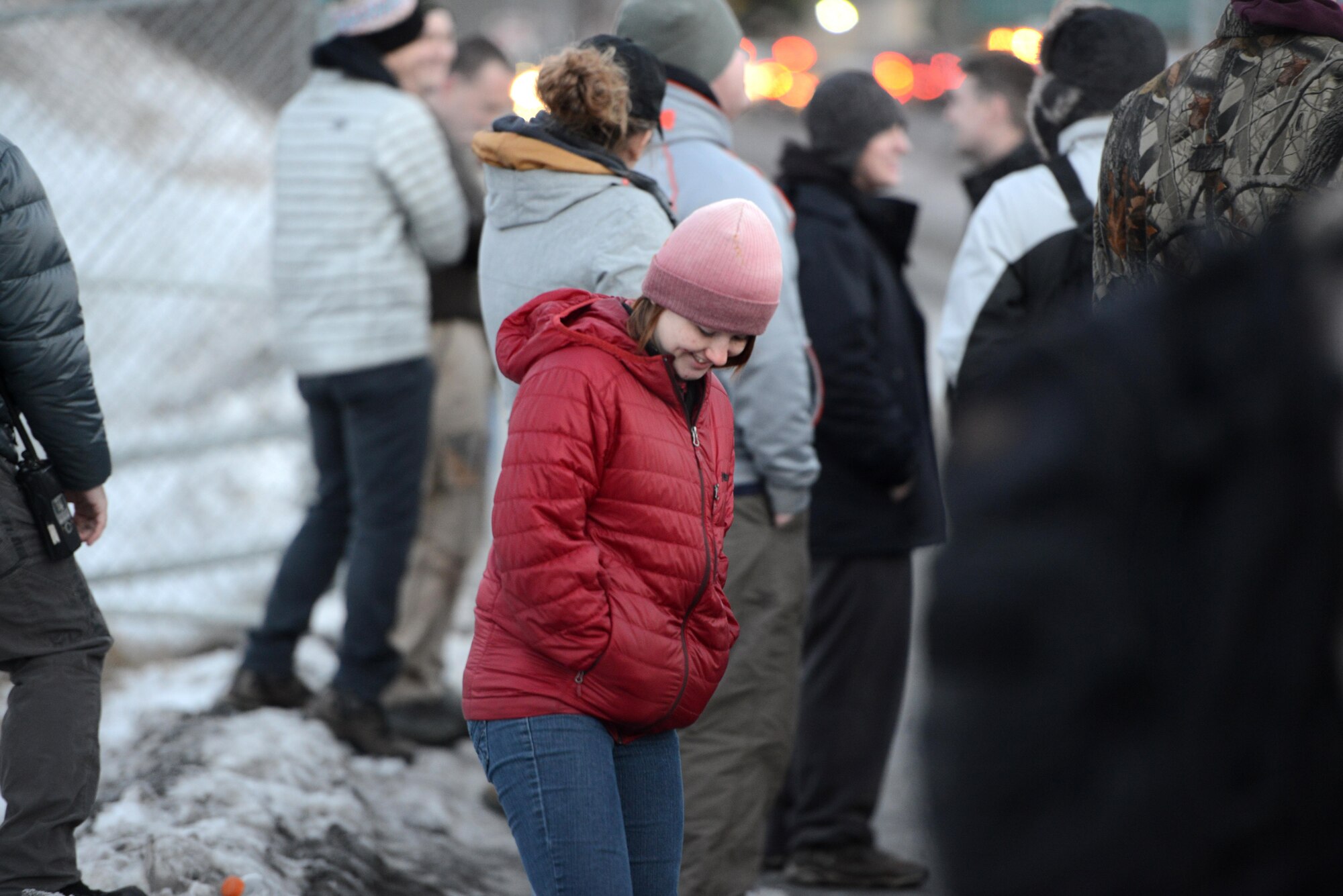 Protesters gather near Joint Base Elmendorf-Richardson as part of Polar Force 17-1, Nov. 1, 2016. The simulated protest began as a peaceful demonstration which escalated, resulting in a few aggressive protesters being detained and turned over to local law enforcement. The exercise tests the base's ability to integrate, mobilize, and prepare assigned personnel, aircraft and equipment for a wartime mission and to employ forces and weapons systems. 