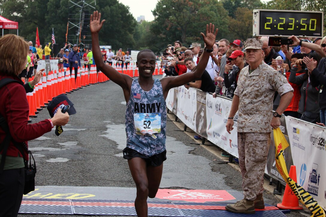 Army Spec. Samuel Kosgei (Fort Riley, Kansas) crossed the finish line with a time of 2:23:53 to win his second Marine Corps Marathon and Armed Forces gold. The 2016 Armed Forces Marathon is held in conjunction with the 41st Marine Corps Marathon on 30 October in Washington, D.C.