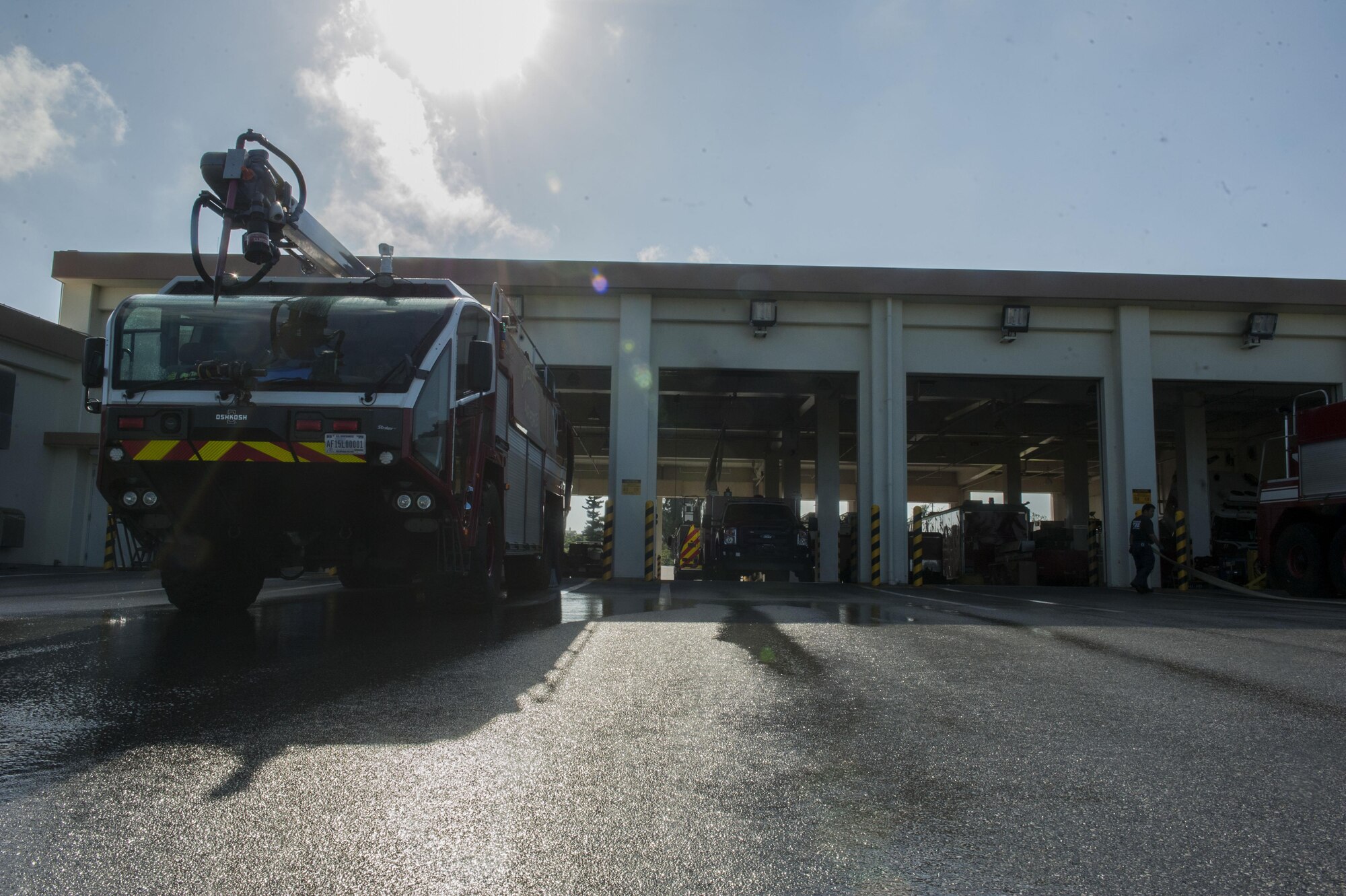An 18th Civil Engineer Squadron Oshkosh Striker 6x6 sits ready for service on the flightline Oct. 31, 2016, at Kadena Air Base, Japan. Strikers are an invaluable asset to fire departments across the Air Force, with their immense firefighting power. (U.S. Air Force photo by Senior Airman Lynette M. Rolen)