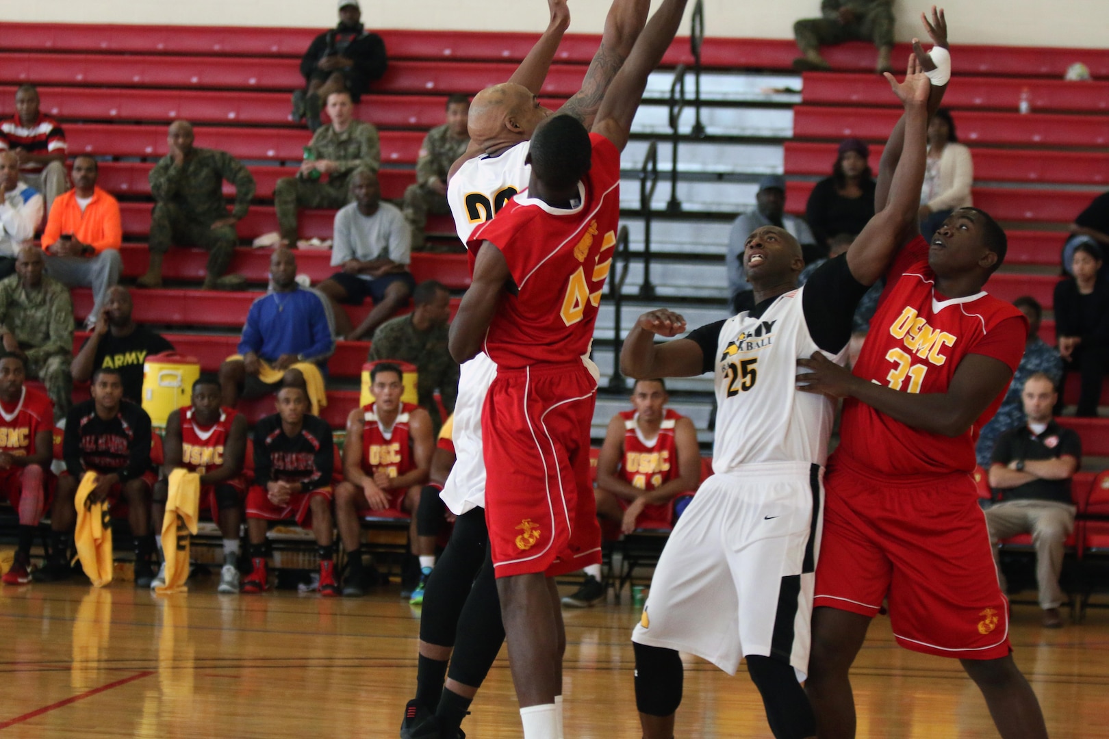 Army and Marines battle it out as Army dominates 107 - 63.  The 2016 Armed Forces Men's Basketball Championship held at MCB Quantico, Va. from 1-7 November.  The best two teams during the double round robin will face each other for the 2016 Armed Forces crown.  