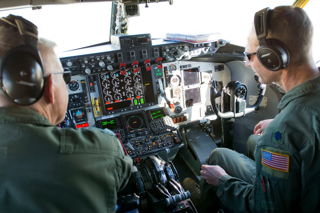 Lt. Col. Eric Wilks and Lt. Col. Marvin Ashbaker, pilots with the 465th Air Refueling Squadron, conduct pre-flight checks aboard the Air Force Reserve Command’s first KC-135 to be upgraded with Block 45 May 5, 2016, at Tinker Air Force Base, Okla. Block 45 provides a digital display of engine controls, an updated autopilot, a new altimeter and software upgrades, ensuring that the KC-135 can perform well into the future as the workhorse of the air refueling fleet. (U.S. Air Force photo/Tech. Sgt. Lauren Gleason)