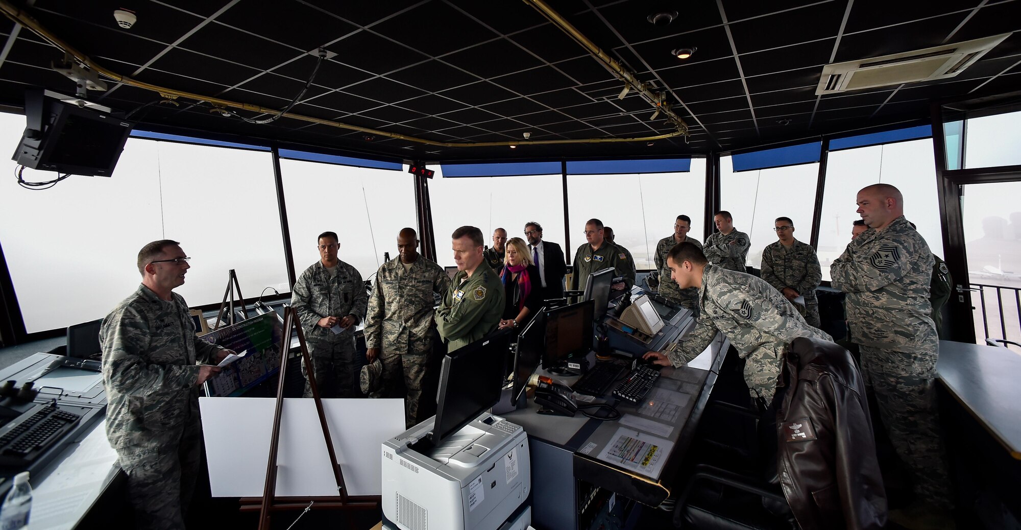 Leaders from the 86th Airlift Wing brief Gen. Tod Wolters, U.S. Air Forces in Europeand Air Forces Africa commander, and Chief Master Sgt. Kaleth Wright, USAFE-AFAFRICA command chief, during an immersion tour of the 86th Airlift Wing at Ramstein Air Base, Germany, Nov. 1, 2016. Wolters and Wright visited different units around Ramstein during the immersion, where they recognized outstanding Airmen for their contributions to the mission. (U.S. Air Force photo by Senior Airman Nicole Keim)