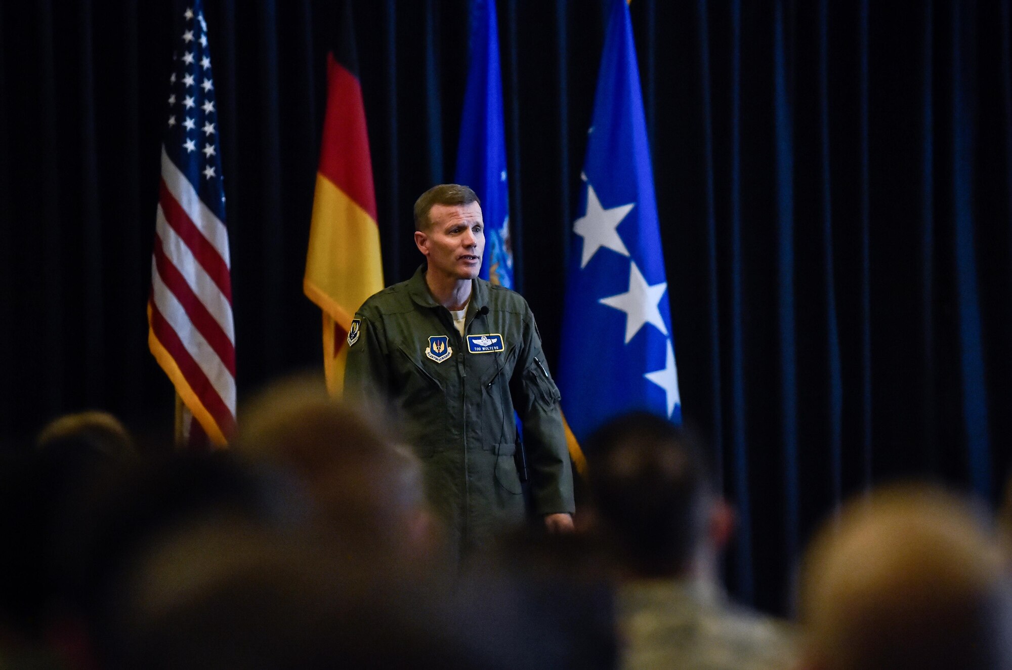 Gen. Tod Wolters, U.S. Air Forces in Europe and Air Forces Africa commander, speaks to Ramstein Airmen during an all-call at Ramstein Air Base, Germany, Nov. 1, 2016. Wolters and Chief Master Sgt. Kaleth Wright, USAFE-AFAFRICA command chief, visited men and women of the 86th Airlift Wing during an immersion tour of different units around base. (U.S. Air Force photo by Senior Airman Nicole Keim)