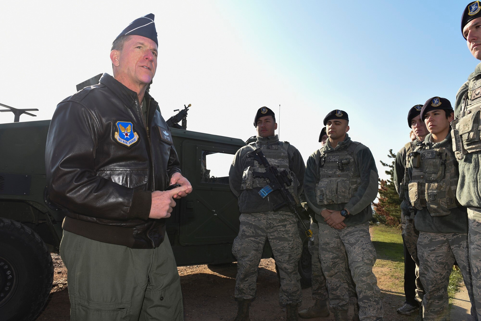 Air Force Chief of Staff Gen. David L. Goldfein speaks with 8th Security Forces Squadron members at Kunsan Air Base, Republic of Korea, Nov. 2, 2016. 8th SFS showcased their role in the first priority of Wolf Pack’s mission to, “Defend the Base.”  (U.S. Air Force photo by Senior Airman Michael Hunsaker/Released)