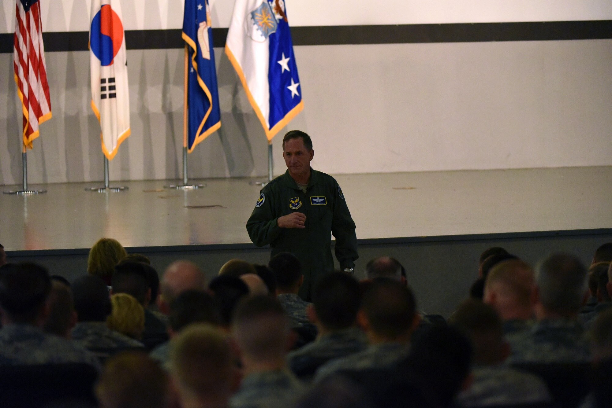 Air Force Chief of Staff, Gen. David L. Goldfein, speaks to airmen in the base theater during an all call at Kunsan Air Base, Republic of Korea, Nov. 2, 2016. Goldfein traveled to Kunsan to meet with airmen and discuss his focus areas as Air Force Chief of Staff as well as the Air Force mission throughout the Pacific region.  (U.S. Air Force photo by Tech. Sgt. Jeff Andrejcik/Released)