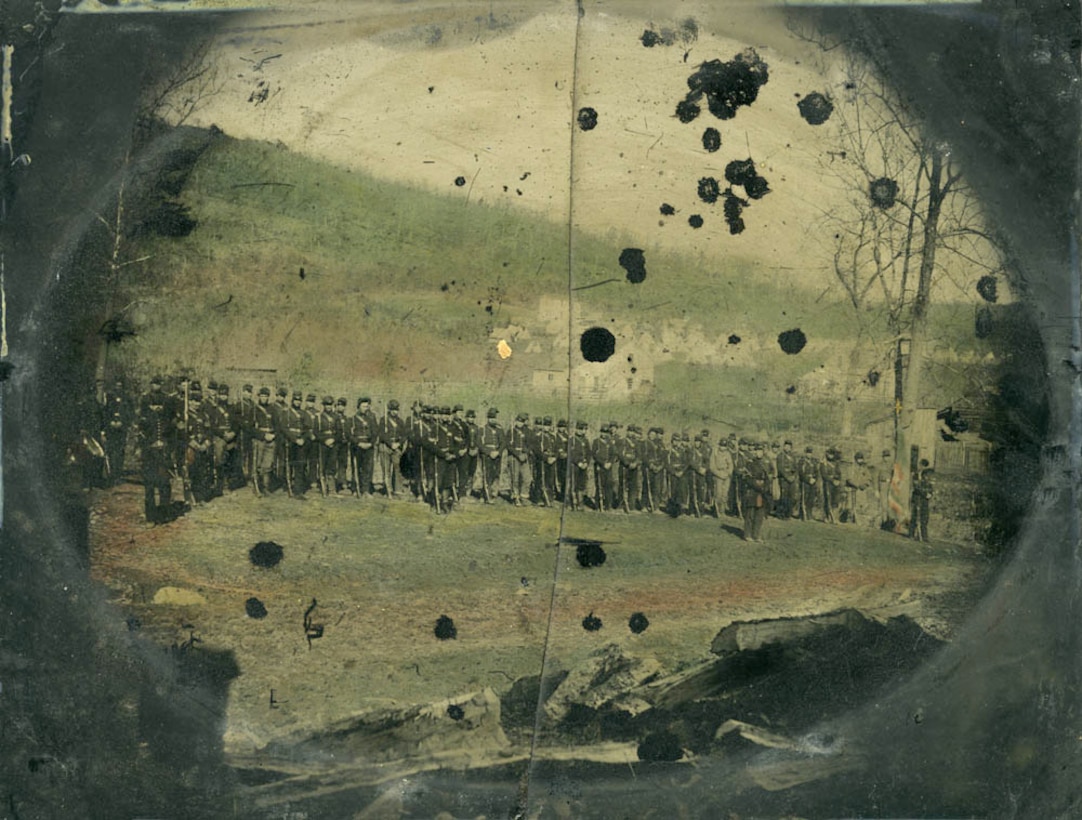 The men of Col. Josiah Bissell’s Engineer Regiment of the West stand in formation. Formed in 1861 of men from Illinois, Iowa, and Missouri, the unit performed arduous service during the Vicksburg campaign excavating canals, corduroying roads and building bridges.