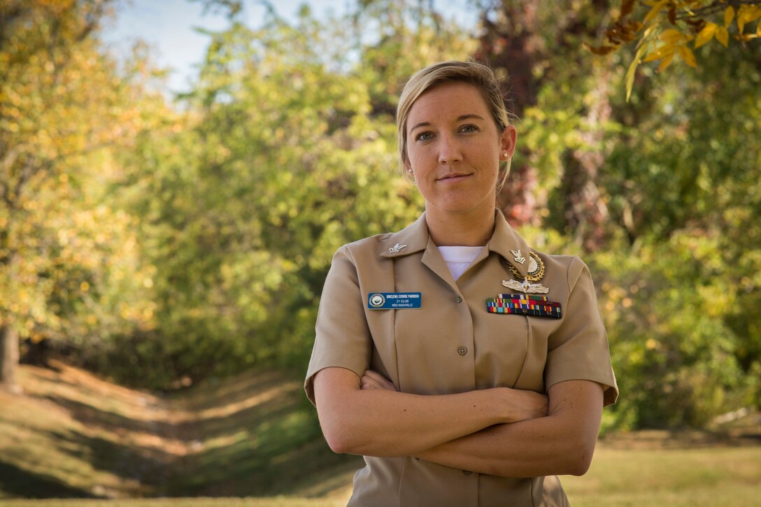 Navy Petty Officer 2nd Class Corrie Parrish poses for a photo outside Navy Recruiting District Nashville Headquarters in Nashville, Tenn., Oct. 19, 2016. Navy photo by Petty Officer 1st Class Timothy Walter
