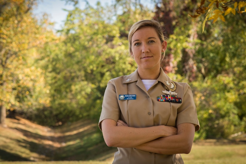 Navy Petty Officer 2nd Class Corrie Parrish poses for a photo outside Navy Recruiting District Nashville Headquarters in Nashville, Tenn., Oct. 19, 2016. Navy photo by Petty Officer 1st Class Timothy Walter
