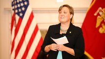 Ms. Jaimie Reese, deputy to the commander for Resource Management at Marine Corps Systems Command, gives remarks during her Senior Executive Service induction Oct. 27 aboard Marine Corps Base Quantico, Va. Reese joined the MCSC team in July, after serving as deputy director of the Business and Civilian Resources Division in the Navy’s Financial management and Comptroller, Office of Budget. 