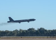 A B-52 Stratofortress takes flight from Barksdale Air Force Base, La., Oct. 22, 2016, in support of exercise Global Thunder 17. Global Thunder 17 is an annual U.S. Strategic Command-sponsored command post and field training exercise designed to provide training opportunities and to test and validate command, control and operational procedures. AFGSC supports U.S. Strategic Command's global strike and nuclear deterrence missions by providing strategic assets, including bombers like the B-52 and B-2, to ensure a safe, secure, effective and ready deterrent force. Global Thunder is an annual USSTRATCOM training event that assesses command and control functionality in all USSTRATCOM mission areas and affords component commands a venue to evaluate their joint operational readiness. Planning for Global Thunder 17 has been underway for more than a year and is based on a notional, classified scenario with fictitious adversaries. One of nine DoD unified combatant commands, USSTRATCOM has global strategic missions assigned through the Unified Command Plan which include strategic deterrence; space operations; cyberspace operations; joint electronic warfare; missile defense; combating weapons of mass destruction; and analysis and targeting. (U.S. Air Force photo/Senior Airman Curt Beach)