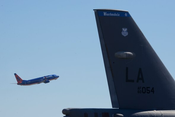 A passenger aircraft takes off from Barksdale Air Force Base, La., Oct. 22, 2016, in support of U.S. Strategic Command exercise Global Thunder 17. AFGSC supports U.S. Strategic Command's global strike and nuclear deterrence missions by providing strategic assets, including bombers like the B-52 and B-2, to ensure a safe, secure, effective and ready deterrent force. Global Thunder is an annual USSTRATCOM training event that assesses command and control functionality in all USSTRATCOM mission areas and affords component commands a venue to evaluate their joint operational readiness. Planning for Global Thunder 17 has been underway for more than a year and is based on a notional, classified scenario with fictitious adversaries. One of nine DoD unified combatant commands, USSTRATCOM has global strategic missions assigned through the Unified Command Plan which include strategic deterrence; space operations; cyberspace operations; joint electronic warfare; missile defense; combating weapons of mass destruction; and analysis and targeting. (U.S. Air Force photo/Senior Airman Amanda Morris)
