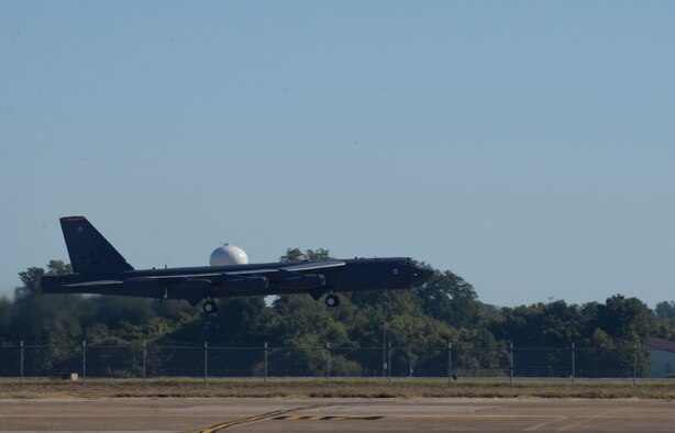 A B-52 Stratofortress takes flight from Barksdale Air Force Base, La., Oct. 22, 2016, in support of exercise Global Thunder 17. Global Thunder 17 is an annual U.S. Strategic Command-sponsored command post and field training exercise designed to provide training opportunities and to test and validate command, control and operational procedures. (U.S. Air Force photo/Senior Airman Amanda Morris)