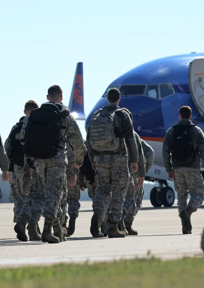 Airmen prepare to depart Barksdale Air Force Base, La., Oct. 22, 2016, in support of U.S. Strategic Command exercise Global Thunder 17. USSTRATCOM forces are on watch 24-hours-a-day, 7-days-a-week, conducting operations to deter and detect strategic attack against the U.S. and its allies. (U.S. Air Force photo/Senior Airman Amanda Morris)