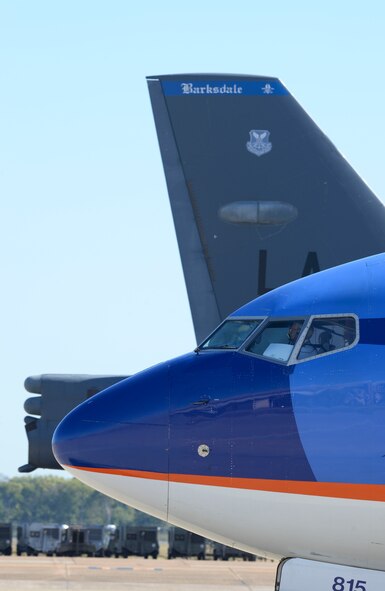 A passenger aircraft prepares to take off from Barksdale Air Force Base, La., Oct. 22, 2016, in support of U.S. Strategic Command exercise Global Thunder 17. Global Thunder 17 is an invaluable training opportunity to exercise all USSTRATCOM mission areas and create the conditions for strategic deterrence against a variety of threats. Exercises like Global Thunder 17 involve extensive planning and coordination to provide unique training opportunities for assigned units and forces. (U.S. Air Force photo/Senior Airman Amanda Morris)