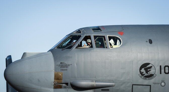 A B-52 Stratofortress taxis down the flightline at Barksdale Air Force Base, La., Oct. 30, 2016, after supporting U.S. Strategic Command exercise Global Thunder 17. Exercise Global Thunder is USSTRATCOM’s annual field training and battle staff exercise to train Department of Defense forces and assess joint operational readiness. GT17 provided training opportunities to and exercise scenarios for all USSTRATCOM mission areas, with a specific focus on nuclear readiness. (U.S. Air Force photo/Senior Airman Luke Hill)