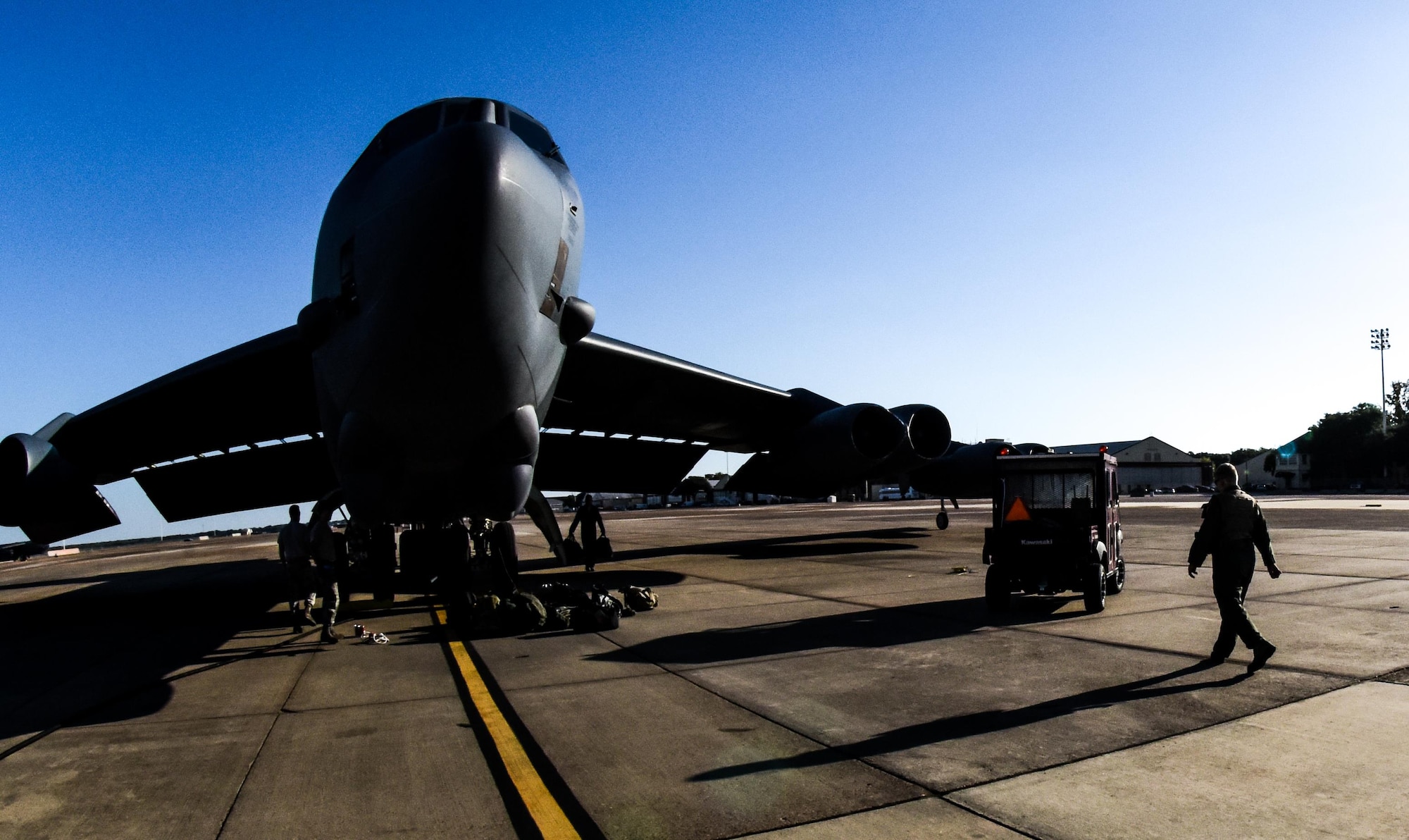 Aircrew unload their gear from a B-52 Stratofortress at Barksdale Air Force Base, La., Oct. 30, 2016, after supporting U.S. Strategic Command exercise Global Thunder 17. USSTRATCOM’s fundamental mission is to deter strategic attack, which is an existential threat to the U.S. and its allies. Testing readiness ensures the preservation a safe, secure, effective and ready strategic deterrent force. (U.S. Air Force photo/Senior Airman Luke Hill)