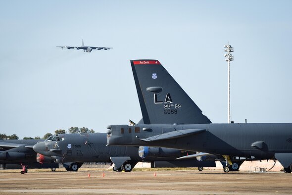 A B-52 Stratofortress prepares to land at Barksdale Air Force Base, La., Oct. 30, 2016, after supporting U.S. Strategic Command exercise Global Thunder 17. Exercise Global Thunder is USSTRATCOM’s annual field training and battle staff exercise to train Department of Defense forces and assess joint operational readiness. GT17 provided training opportunities to and exercise scenarios for all USSTRATCOM mission areas, with a specific focus on nuclear readiness. (U.S. Air Force photo/Senior Airman Luke Hill)