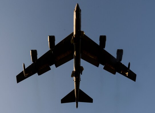 A B-52 Stratofortress prepares to land at Barksdale Air Force Base, La., Oct. 30, 2016, after supporting U.S. Strategic Command exercise Global Thunder 17.  GT17 is an annual USSTRATCOM-sponsored command post and field training exercise designed to provide training opportunities and to test and validate command, control and operational procedures. The training is based on a notional scenario developed to drive execution of USSTRATCOM and component forces’ ability to support the geographic combatant commands, deter adversaries and, if necessary, employ forces as directed by the president of the United States. (U.S. Air Force photo/Senior Airman Amanda Morris)