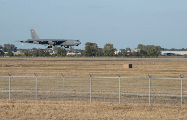 A B-52 Stratofortress prepares to land at Barksdale Air Force Base, La., Oct. 30, 2016, after supporting U.S. Strategic Command exercise Global Thunder 17. AFGSC supports U.S. Strategic Command's global strike and nuclear deterrence missions by providing strategic assets, including bombers like the B-52 and B-2, to ensure a safe, secure, effective and ready deterrent force. Global Thunder is an annual USSTRATCOM training event that assesses command and control functionality in all USSTRATCOM mission areas and affords component commands a venue to evaluate their joint operational readiness. Planning for Global Thunder 17 has been underway for more than a year and is based on a notional, classified scenario with fictitious adversaries. One of nine DoD unified combatant commands, USSTRATCOM has global strategic missions assigned through the Unified Command Plan which include strategic deterrence; space operations; cyberspace operations; joint electronic warfare; missile defense; combating weapons of mass destruction; and analysis and targeting. (U.S. Air Force photo/Senior Airman Amanda Morris)