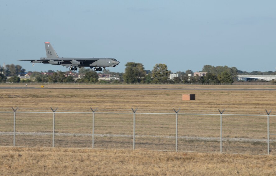 A B-52 Stratofortress prepares to land at Barksdale Air Force Base, La., Oct. 30, 2016, after supporting U.S. Strategic Command exercise Global Thunder 17. AFGSC supports U.S. Strategic Command's global strike and nuclear deterrence missions by providing strategic assets, including bombers like the B-52 and B-2, to ensure a safe, secure, effective and ready deterrent force. Global Thunder is an annual USSTRATCOM training event that assesses command and control functionality in all USSTRATCOM mission areas and affords component commands a venue to evaluate their joint operational readiness. Planning for Global Thunder 17 has been underway for more than a year and is based on a notional, classified scenario with fictitious adversaries. One of nine DoD unified combatant commands, USSTRATCOM has global strategic missions assigned through the Unified Command Plan which include strategic deterrence; space operations; cyberspace operations; joint electronic warfare; missile defense; combating weapons of mass destruction; and analysis and targeting. (U.S. Air Force photo/Senior Airman Amanda Morris)