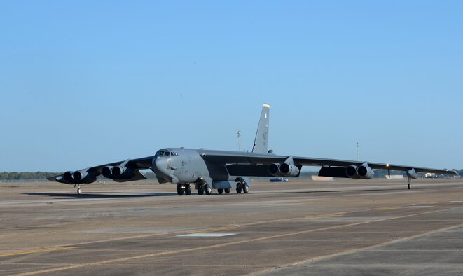 A B-52 Stratofortress taxis down the flightline at Barksdale Air Force Base, La., Oct. 30, 2016, after supporting U.S. Strategic Command exercise Global Thunder 17.  USSTRATCOM’s fundamental mission is to deter strategic attack, which is an existential threat to the U.S. and its allies. Testing readiness ensures the preservation a safe, secure, effective and ready strategic deterrent force. (U.S. Air Force photo/Senior Airman Amanda Morris)