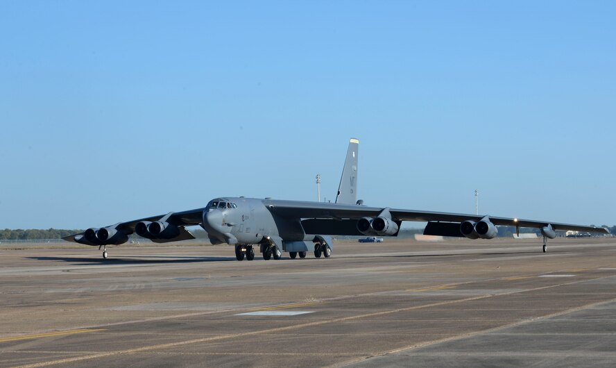 A B-52 Stratofortress taxis down the flightline at Barksdale Air Force Base, La., Oct. 30, 2016, after supporting U.S. Strategic Command exercise Global Thunder 17.  USSTRATCOM’s fundamental mission is to deter strategic attack, which is an existential threat to the U.S. and its allies. Testing readiness ensures the preservation a safe, secure, effective and ready strategic deterrent force. (U.S. Air Force photo/Senior Airman Amanda Morris)