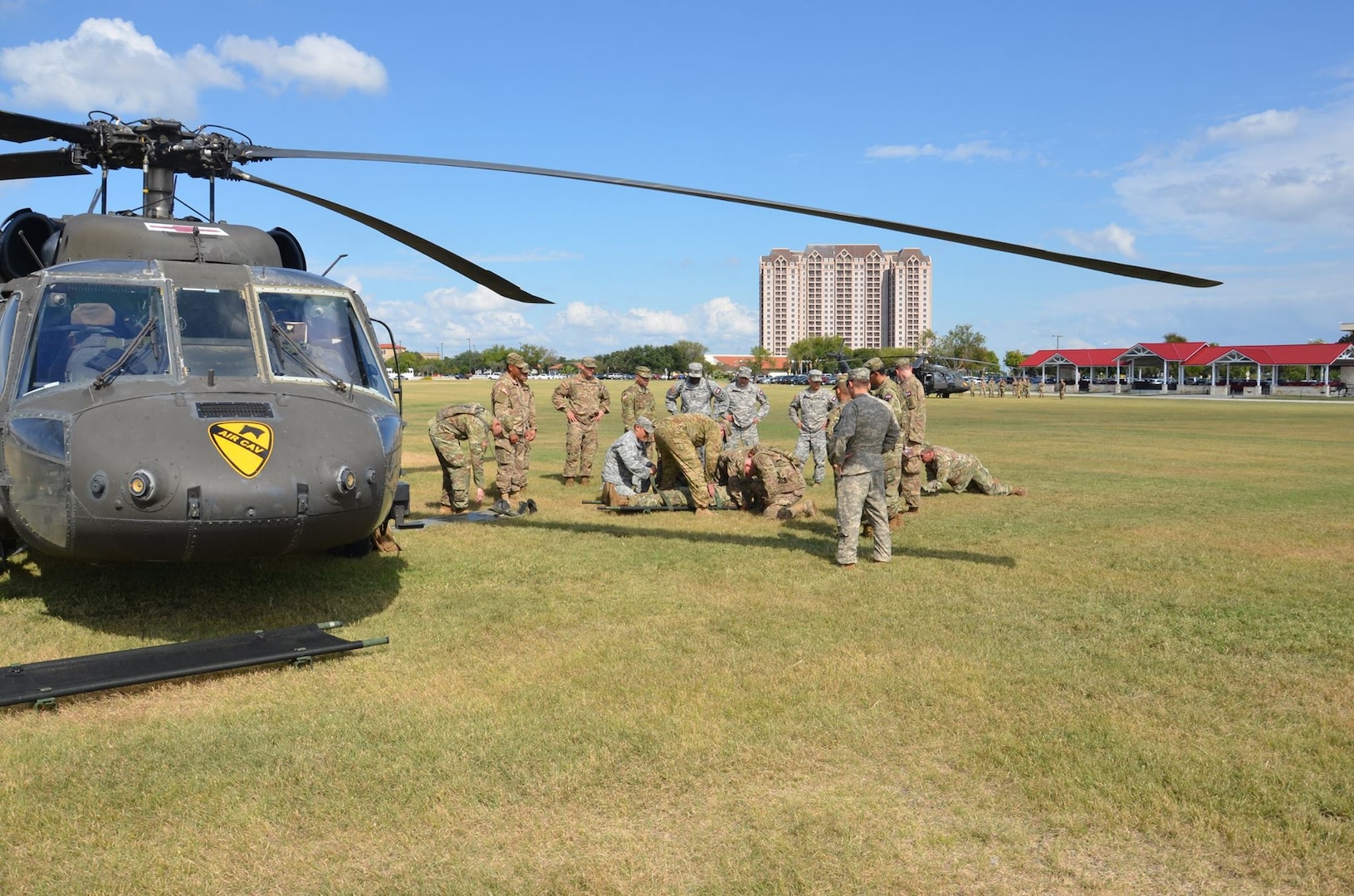 A group of combat medics train in aeromedical evacuation at Joint Base San Antonio-Fort Sam Houston Oct. 25 before taking off for JBSA-Camp Bullis.