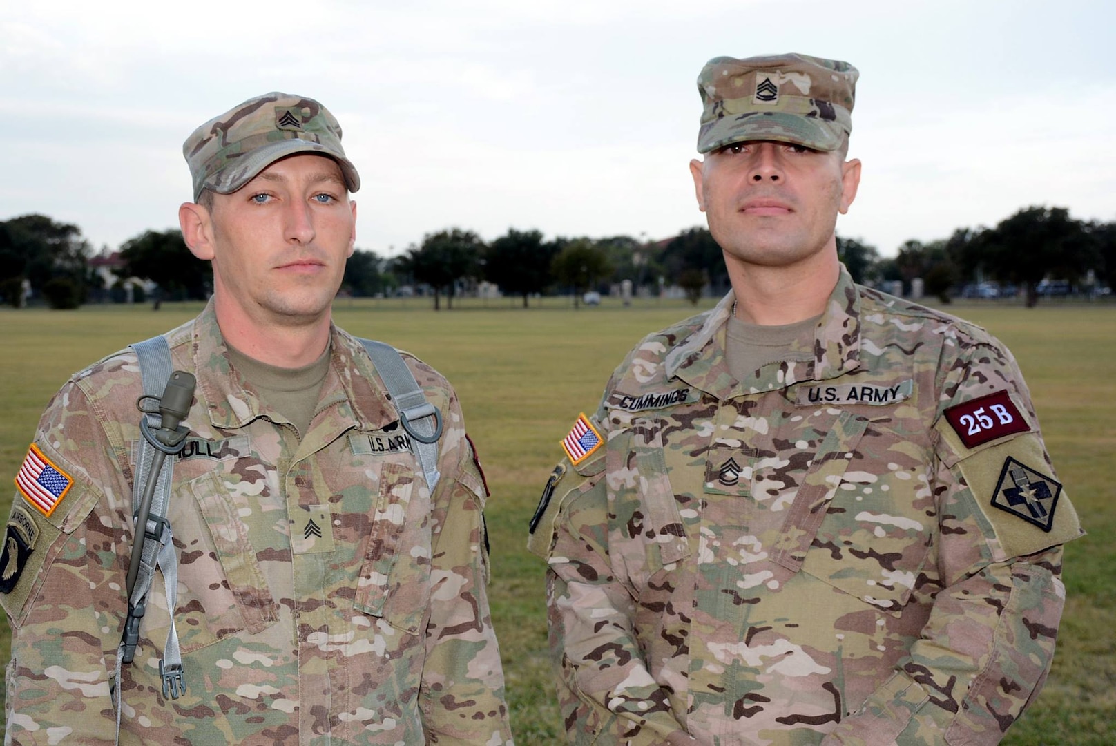 Sgt. David I. Hull (left) and Sgt. 1st Class Daniel Cummings, U.S. Army Medical Department Center and School, Army Health Readiness Center of Excellence, from JBSA-Fort Sam Houston, were one of the 32 two-person teams taking part in the Best Medic Competition at JBSA-Camp Bullis Oct. 25-28.